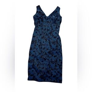 Vintage 90s Y2K Blue satin black velvet Floral midi Dress back slit‎ 3